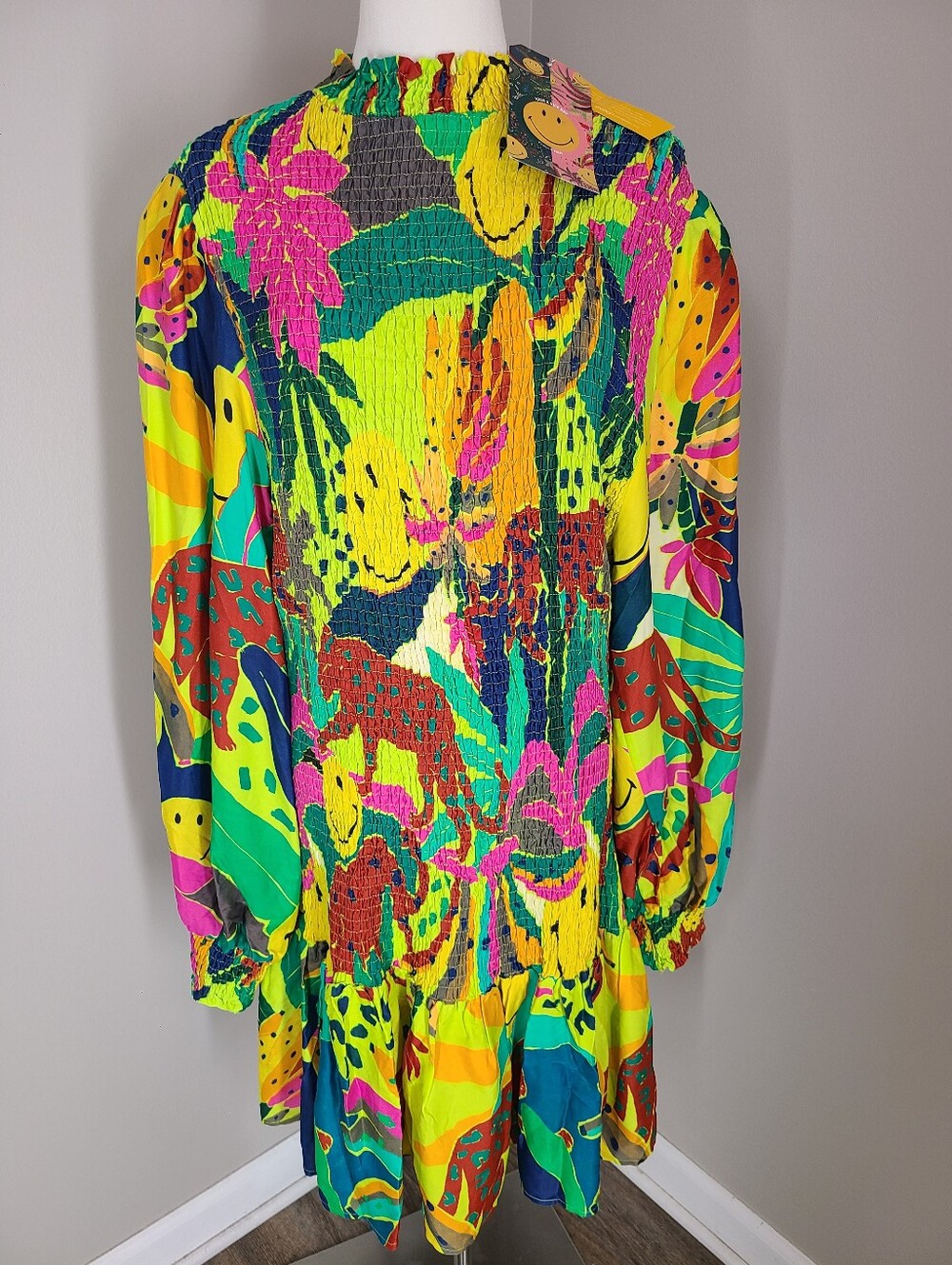 NWT FARM Rio Leopards Jungle Smiley Limited Collab Mini Dress Fits S to XL